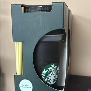 Starbucks Black Tumbler with Green Logo and Yellow Straws 3 per pack